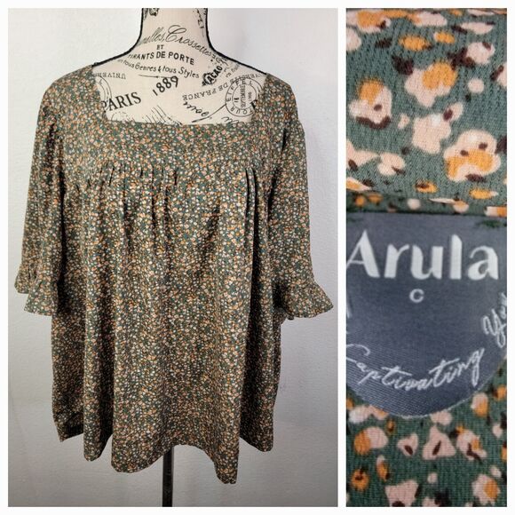 ARULA Tops - Arula Babydoll Top Sz C 3X Square Neck Green Floral Short Sleeve Ruffle Bohemian